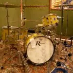 Rogers kit front on with RE20 pointed at the bottom of the snare.